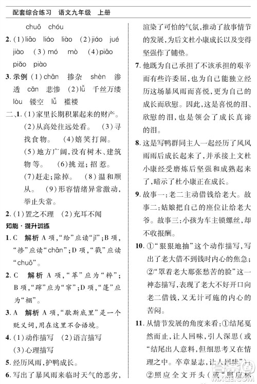 北京师范大学出版社2023年秋配套综合练习九年级语文上册人教版参考答案