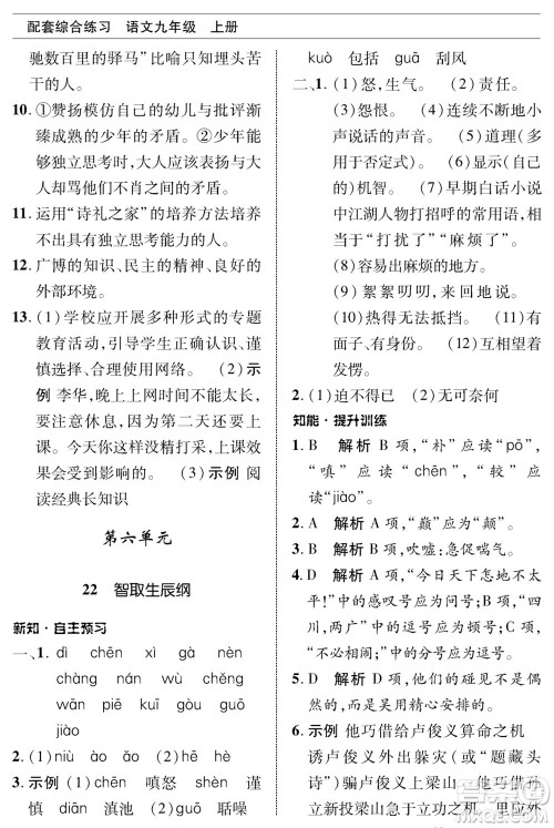 北京师范大学出版社2023年秋配套综合练习九年级语文上册人教版参考答案