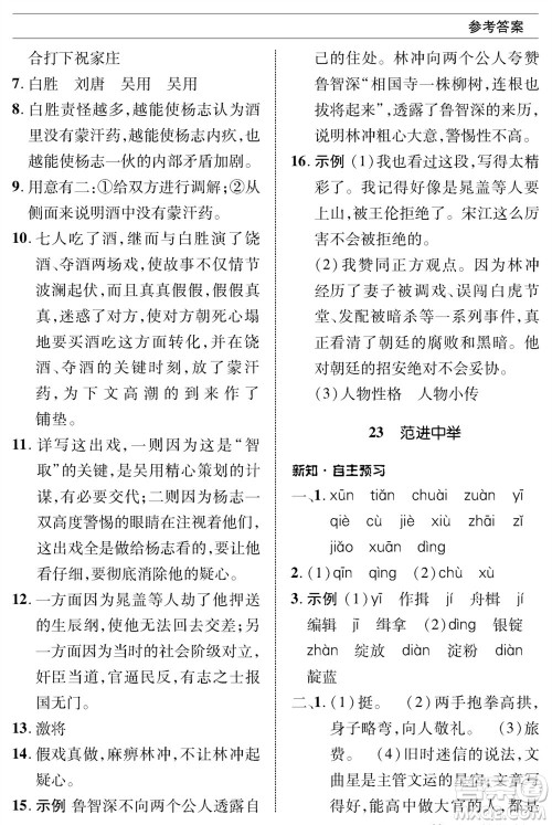 北京师范大学出版社2023年秋配套综合练习九年级语文上册人教版参考答案