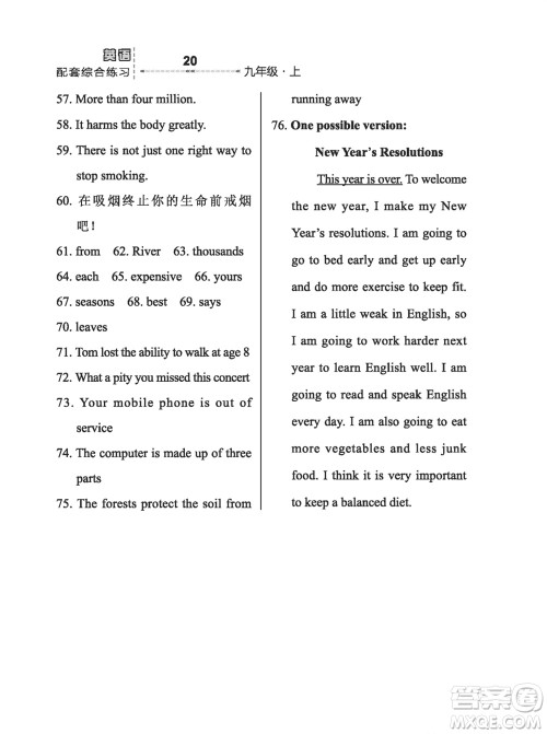 河北教育出版社2023年秋配套综合练习九年级英语上册冀教版参考答案