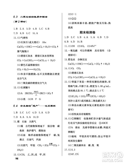 科学出版社2023年秋配套综合练习九年级化学上册科学版参考答案 科学出版社2023年秋配套综合练习九年级化学上册科学版参考答案
