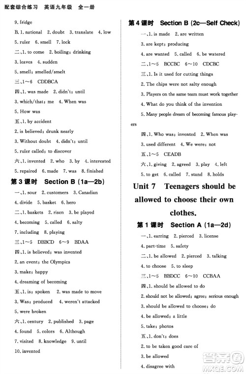 北京师范大学出版社2023年配套综合练习九年级英语全册人教版参考答案