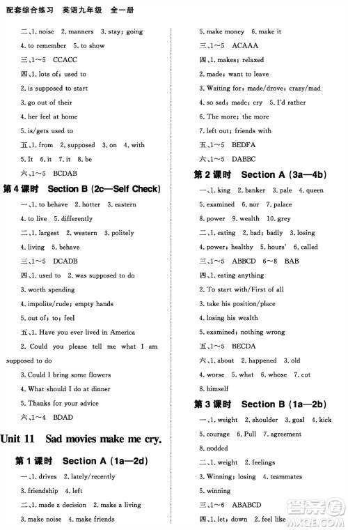 北京师范大学出版社2023年配套综合练习九年级英语全册人教版参考答案