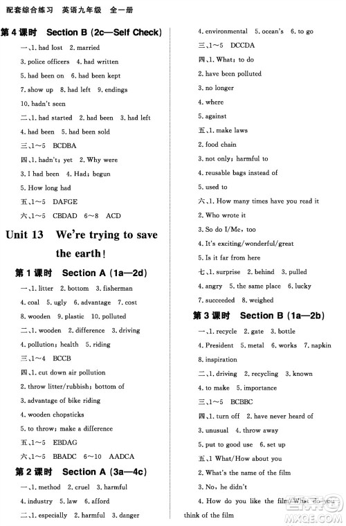 北京师范大学出版社2023年配套综合练习九年级英语全册人教版参考答案