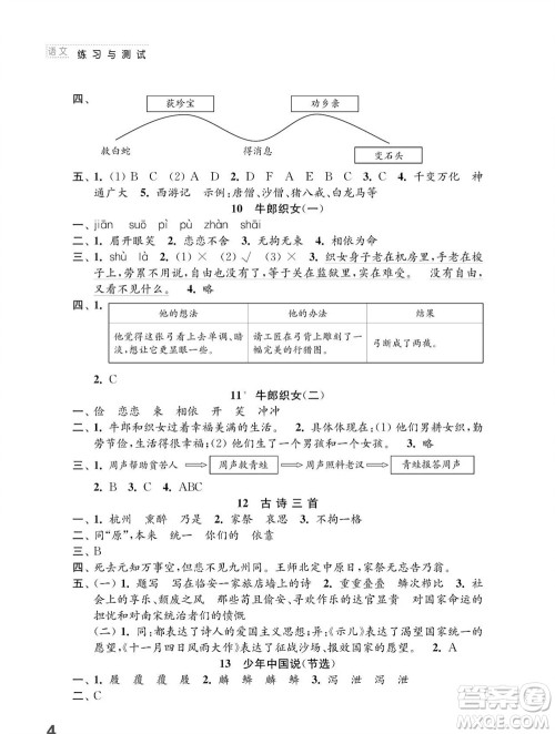 江苏凤凰教育出版社2023年秋小学语文练习与测试五年级上册人教版参考答案