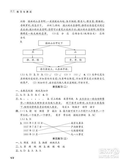 江苏凤凰教育出版社2023年秋小学语文练习与测试六年级上册人教版参考答案