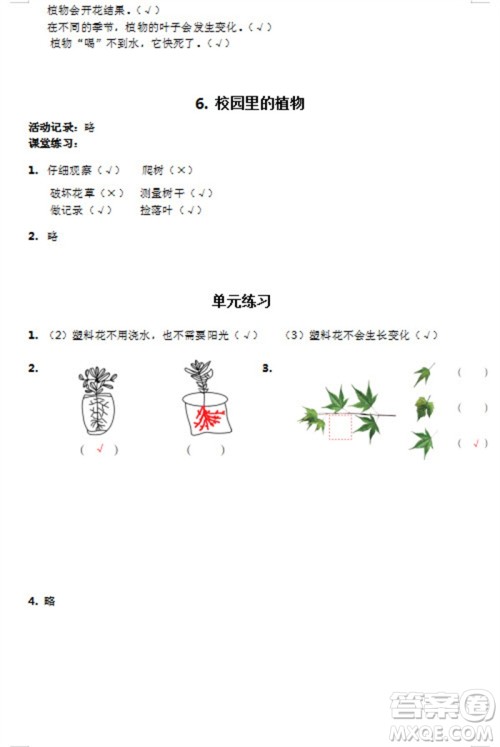 浙江教育出版社2023年秋科学课堂作业本一年级上册教科版参考答案
