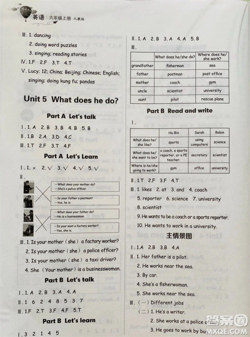 山东科学技术出版社2023年秋小学同步练习册六年级英语上册人教版参考答案