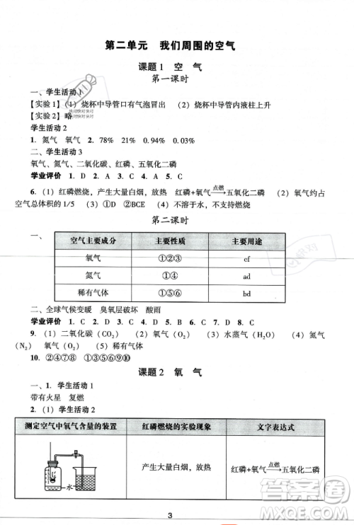广州出版社2023年秋阳光学业评价九年级化学上册人教版答案