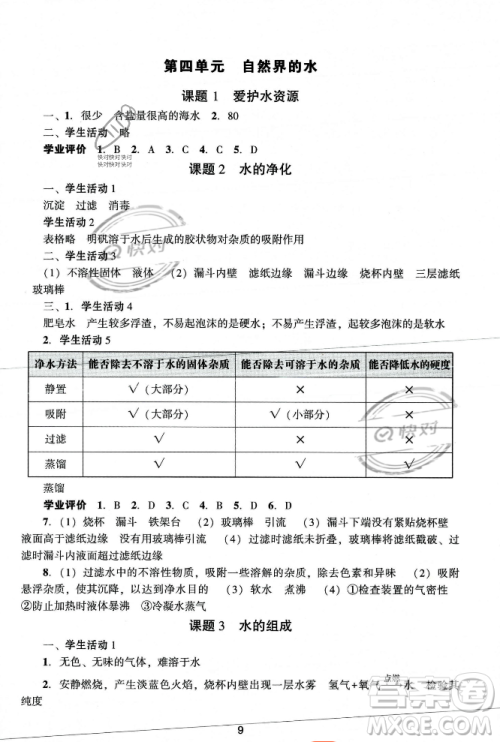 广州出版社2023年秋阳光学业评价九年级化学上册人教版答案