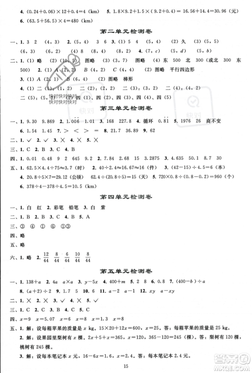 人民教育出版社2023年秋同步轻松练习五年级数学上册人教版答案