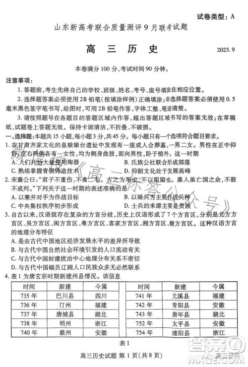 2024山东新高考联合质量测评9月联考高三历史试题答案 2024山东新高考联合质量测评9月联考高三历史试题答案