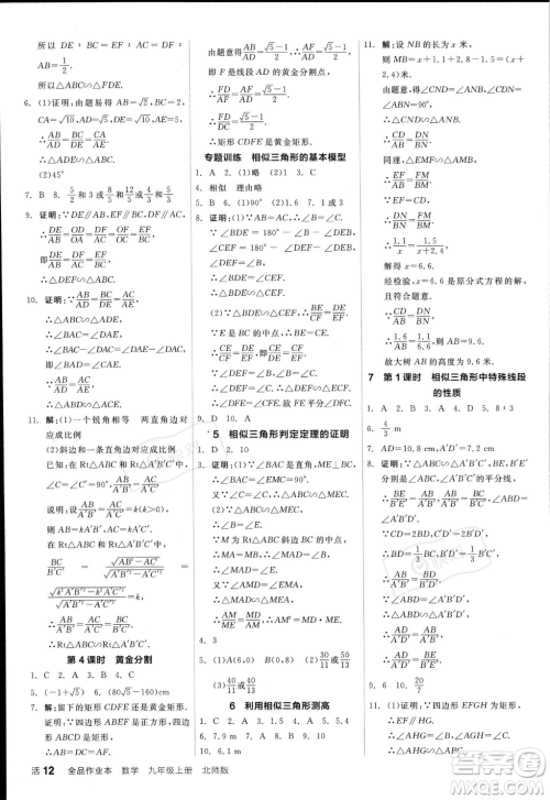 阳光出版社2023年秋季全品作业本九年级数学上册北师大版答案
