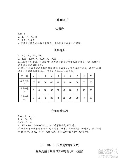 江苏凤凰教育出版社2023年秋练习与测试小学数学四年级上册苏教版参考答案