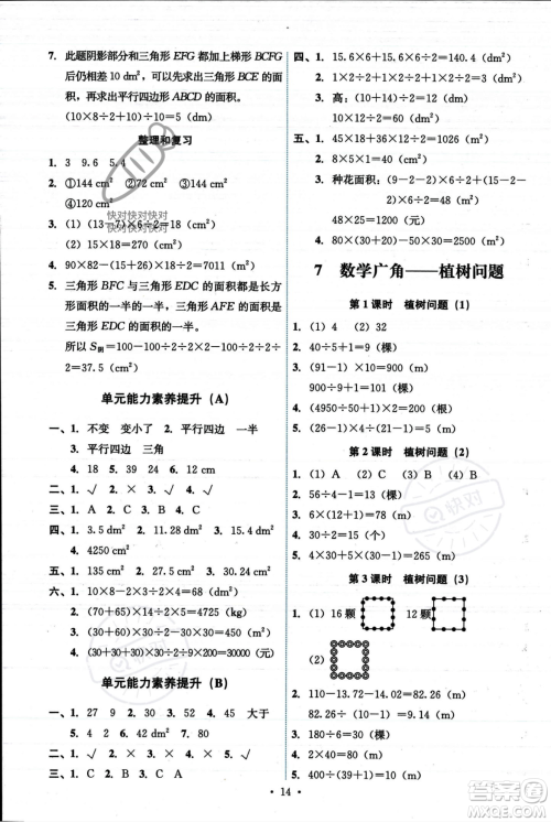 人民教育出版社2023年秋能力培养与测试五年级数学上册人教版答案