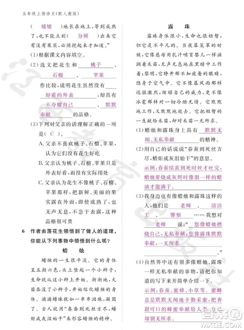 江西教育出版社2023年秋语文作业本五年级上册人教版参考答案 江西教育出版社2023年秋语文作业本五年级上册人教版参考答案