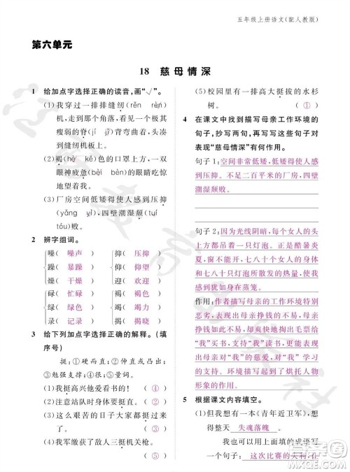江西教育出版社2023年秋语文作业本五年级上册人教版参考答案 江西教育出版社2023年秋语文作业本五年级上册人教版参考答案