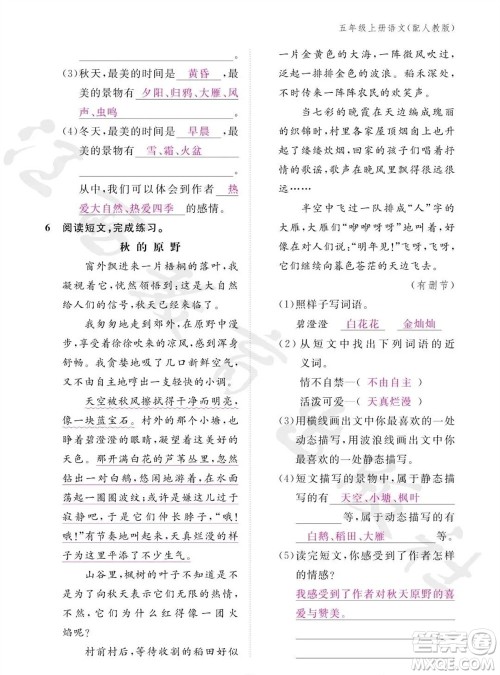 江西教育出版社2023年秋语文作业本五年级上册人教版参考答案 江西教育出版社2023年秋语文作业本五年级上册人教版参考答案