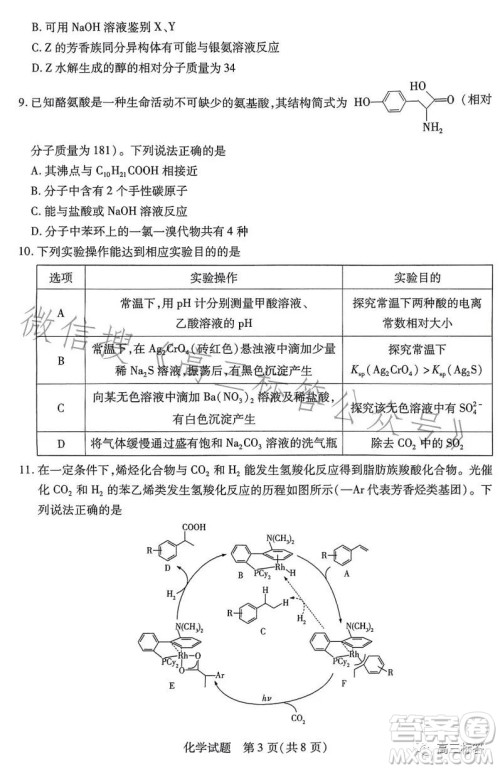 2023-2024学年高中毕业班阶段性测试一化学试卷答案