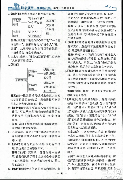 人民教育出版社2023年秋阳光课堂金牌练习册九年级语文上册人教版答案