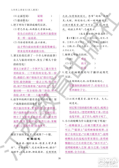 江西教育出版社2023年秋语文作业本七年级上册人教版参考答案