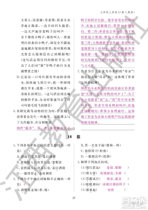 江西教育出版社2023年秋语文作业本七年级上册人教版参考答案