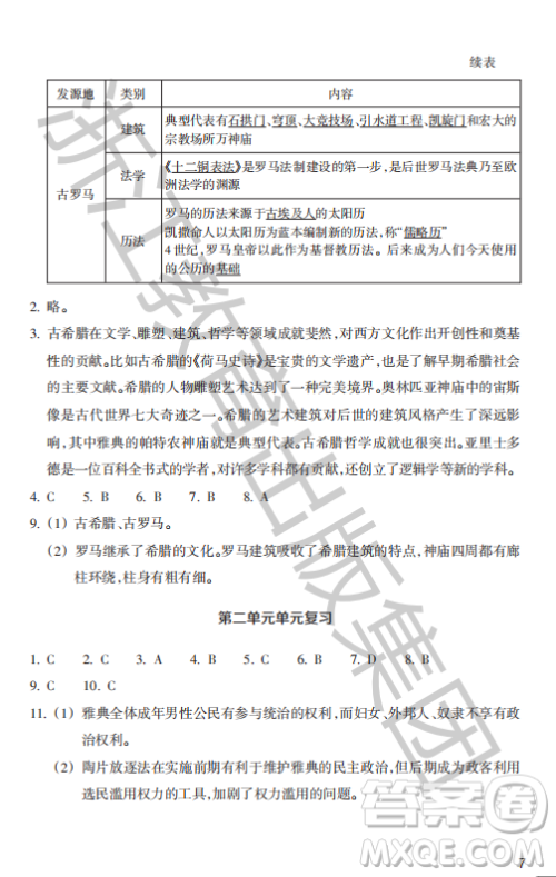 浙江教育出版社2023年秋历史与社会作业本九年级世界历史上册人教版答案