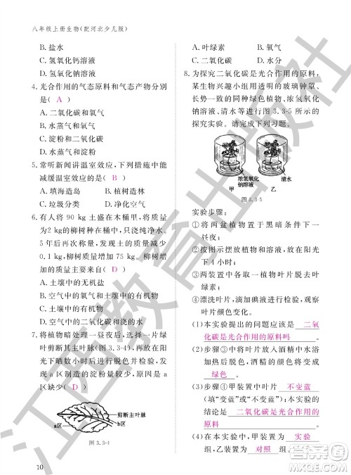 江西教育出版社2023年秋生物作业本八年级上册冀少版参考答案