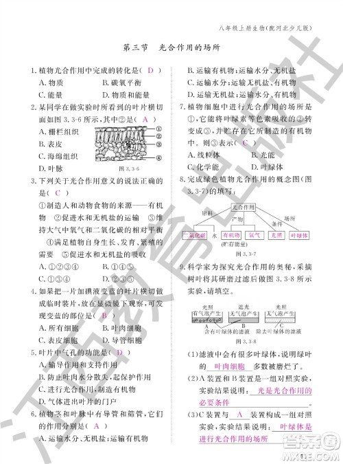 江西教育出版社2023年秋生物作业本八年级上册冀少版参考答案