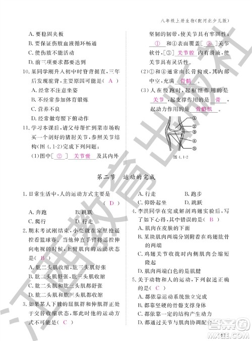 江西教育出版社2023年秋生物作业本八年级上册冀少版参考答案