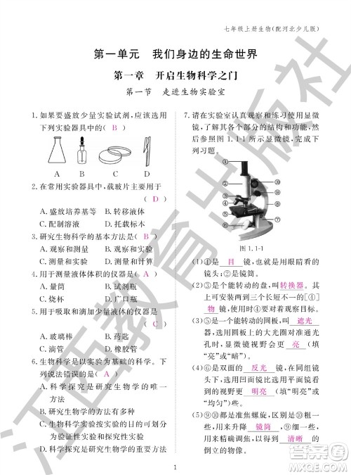 江西教育出版社2023年秋生物作业本七年级上册冀少版参考答案