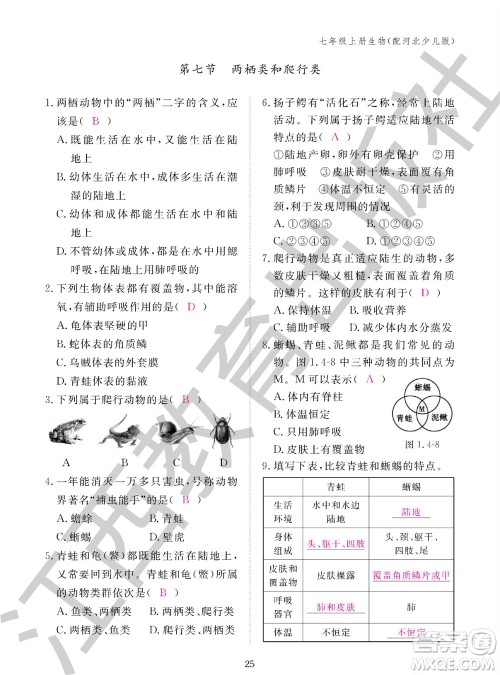 江西教育出版社2023年秋生物作业本七年级上册冀少版参考答案