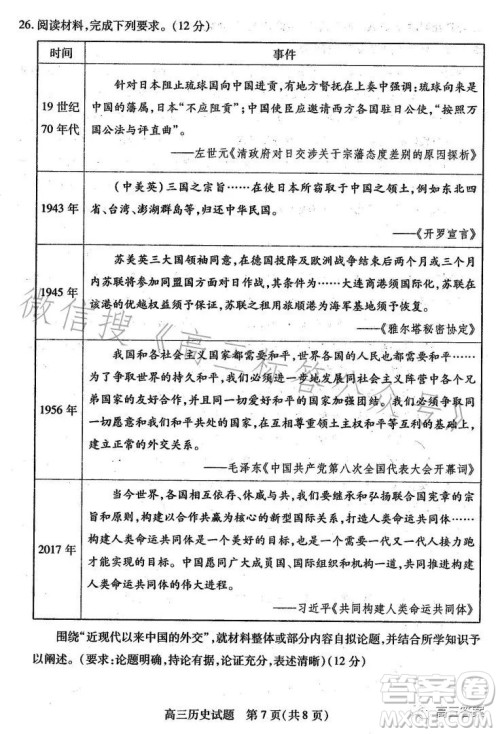 运城市2023-2024学年高三摸底调研测试历史试题答案