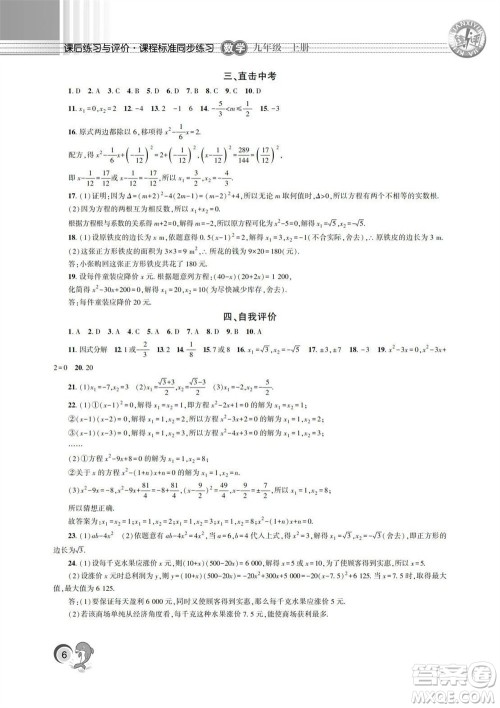 湖南师范大学出版社2023年秋课后练习与评价课程标准同步练习九年级数学上册参考答案