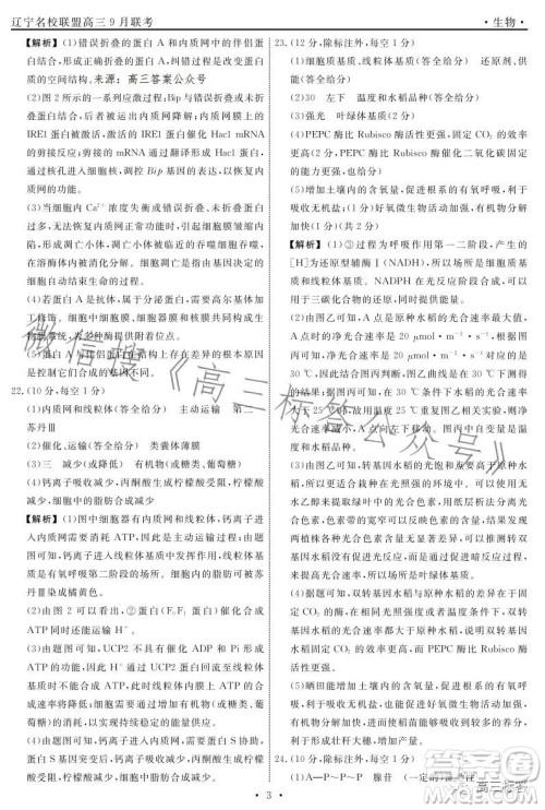 辽宁省名校联盟2023年高三9月份联合考试生物试卷答案 辽宁省名校联盟2023年高三9月份联合考试生物试卷答案