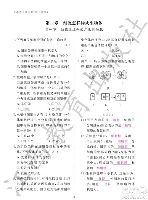 江西教育出版社2023年秋生物作业本七年级上册人教版参考答案