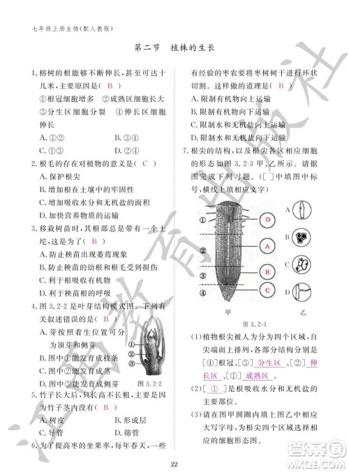 江西教育出版社2023年秋生物作业本七年级上册人教版参考答案