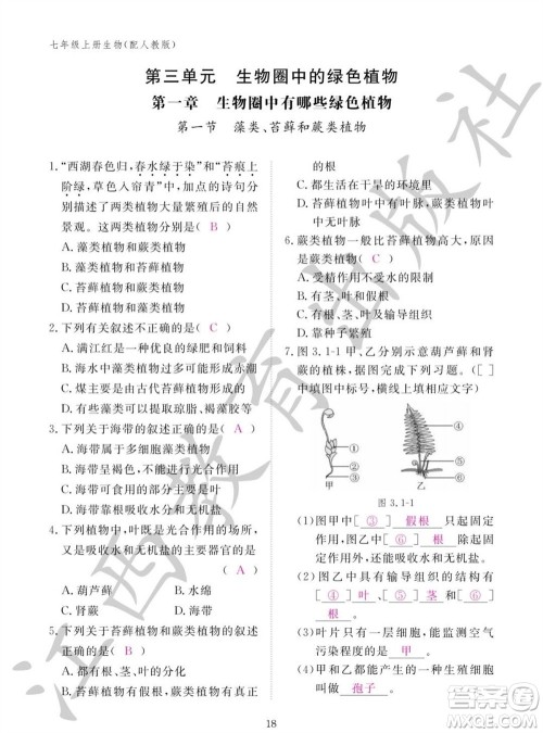 江西教育出版社2023年秋生物作业本七年级上册人教版参考答案