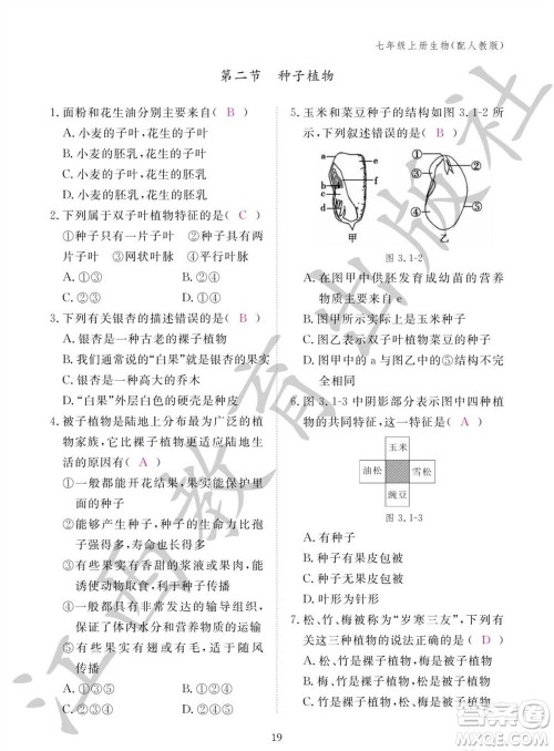 江西教育出版社2023年秋生物作业本七年级上册人教版参考答案