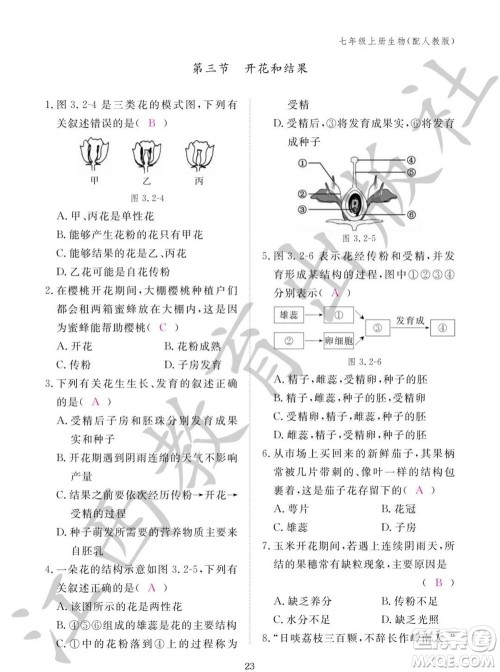 江西教育出版社2023年秋生物作业本七年级上册人教版参考答案