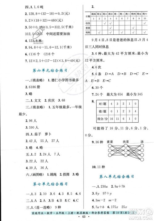 贵州教育出版社2023年秋家庭作业五年级数学上册苏教版答案