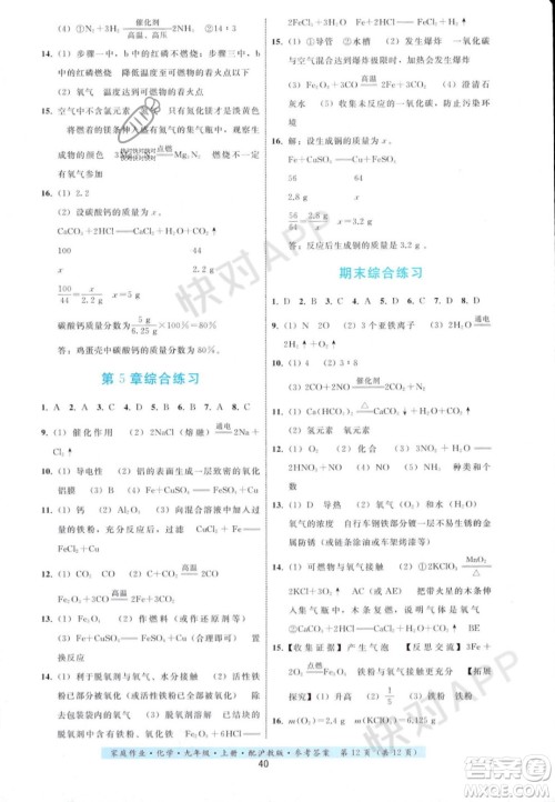 贵州科技出版社2023年秋家庭作业九年级化学上册沪教版答案