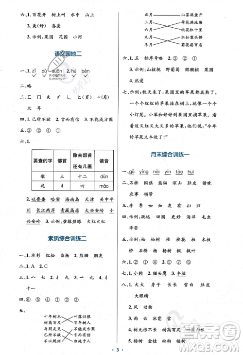 人民教育出版社2023年秋小学同步测控优化设计二年级语文上册人教版答案
