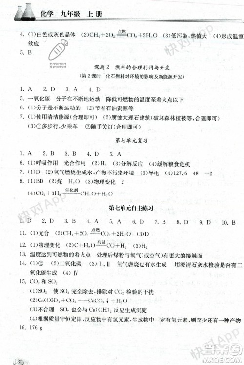 湖北教育出版社2023年秋长江作业本同步练习册九年级化学上册人教版答案