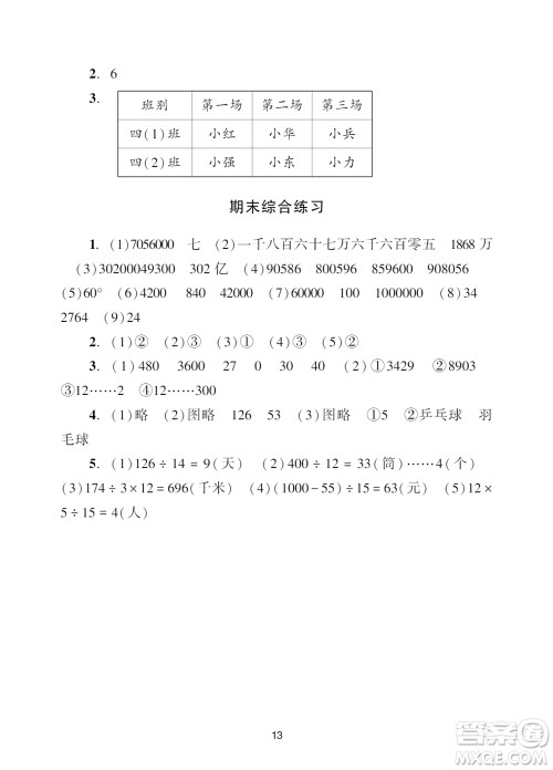 广州出版社2023年秋阳光学业评价四年级数学上册人教版参考答案