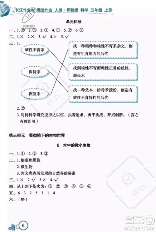 湖北教育出版社2023年秋长江作业本课堂作业五年级科学上册人教鄂教版答案