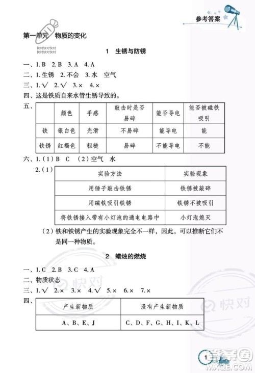 湖北教育出版社2023年秋长江作业本课堂作业六年级科学上册人教鄂教版答案