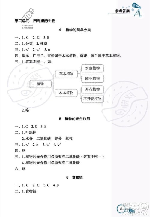 湖北教育出版社2023年秋长江作业本课堂作业六年级科学上册人教鄂教版答案