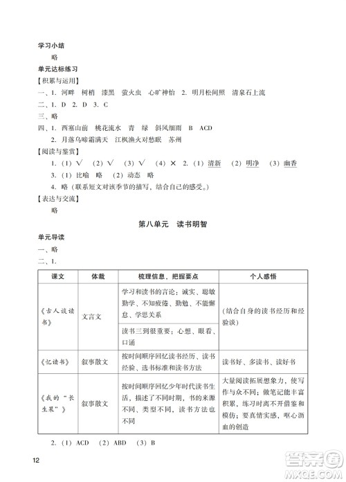 广州出版社2023年秋阳光学业评价五年级语文上册人教版参考答案