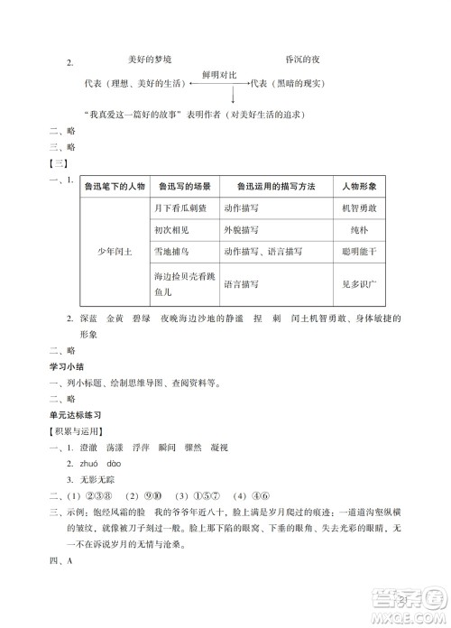 广州出版社2023年秋阳光学业评价六年级语文上册人教版参考答案